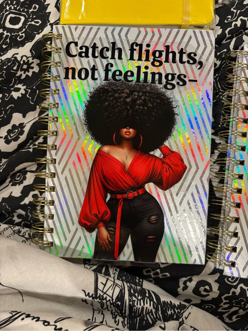 Catch flights, not feelings holographic notebook - Red & Black cover